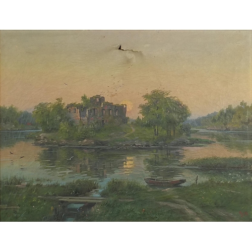 1015 - River landscape with ruins, continental oil on canvas, indistinctly monogrammed, possibly A G, mount... 