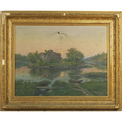 1015 - River landscape with ruins, continental oil on canvas, indistinctly monogrammed, possibly A G, mount... 