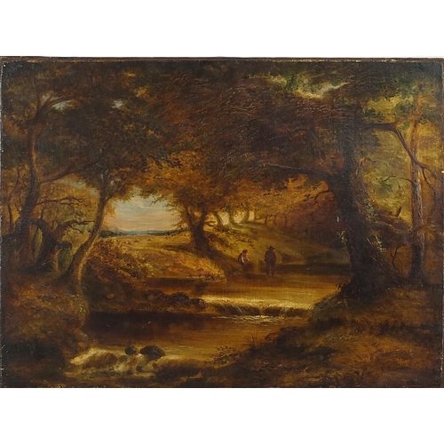 1029 - Attributed to John Linnell - River landscape with figures fishing, 19th century English oil on canva... 