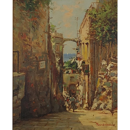 1060 - Mario Ferdelba - Continental street scene with figures, oil on board, mounted and framed, 47.5cm x 3... 