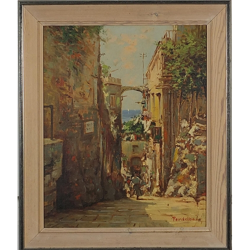 1060 - Mario Ferdelba - Continental street scene with figures, oil on board, mounted and framed, 47.5cm x 3... 