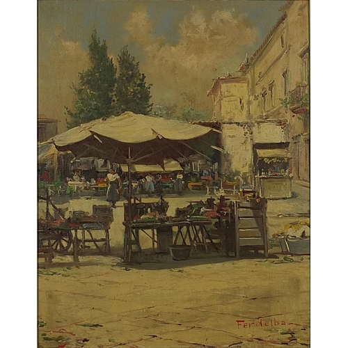 1059 - Mario Ferdelba - Continental market scene with figures, oil on board, mounted and framed, 48cm x 37c... 