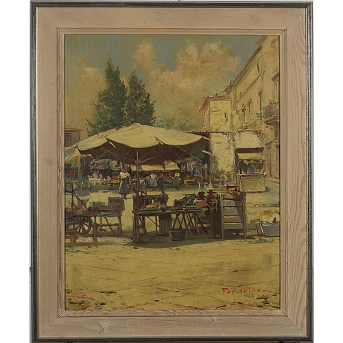 1059 - Mario Ferdelba - Continental market scene with figures, oil on board, mounted and framed, 48cm x 37c... 