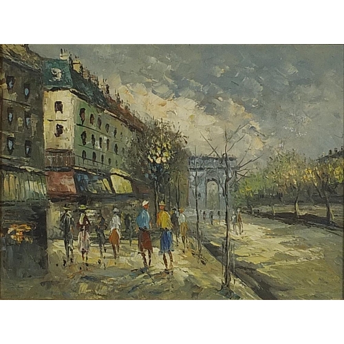 1045 - Parisian street scene with figures before the Arc de Triomphe, French Impressionist oil on canvas, m... 