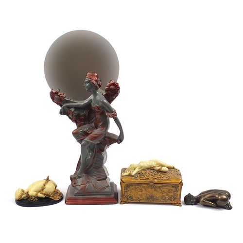 387 - Art Nouveau style figurines including a mirror and box with lift off lid, the mirror 55cm high