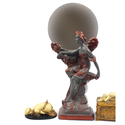 387 - Art Nouveau style figurines including a mirror and box with lift off lid, the mirror 55cm high