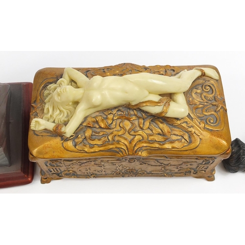 387 - Art Nouveau style figurines including a mirror and box with lift off lid, the mirror 55cm high