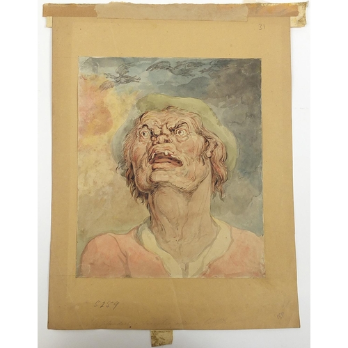 999 - Grotesque head and shoulders portrait of a figure wearing a hat, antique ink and watercolour on pape... 