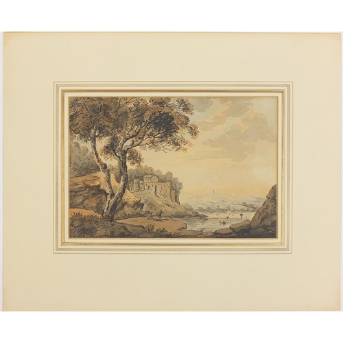 997 - Circle of Paul Sandby - Continental landscape with water and buildings, 18th century watercolour on ... 