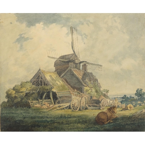 982 - Thomas Girtin - Horses and wagons before a windmill, Georgian watercolour on card, signed verso, ind... 