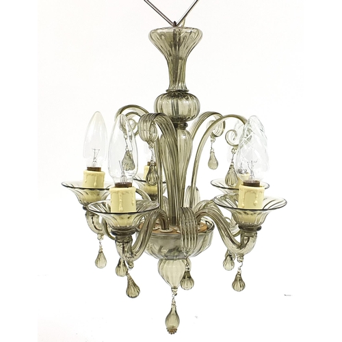 133 - Venetian smoked glass five branch chandelier with drops