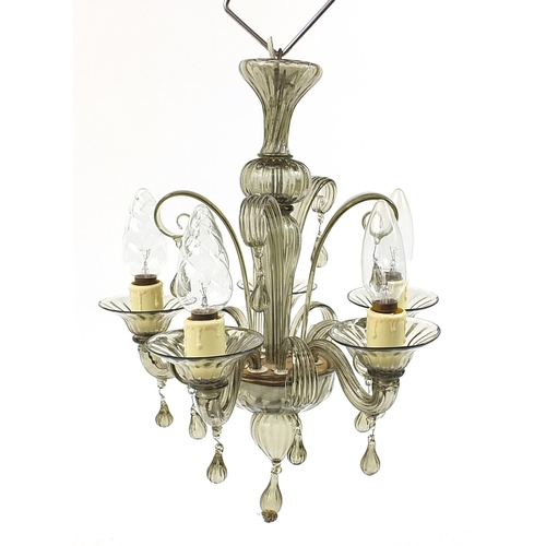 133 - Venetian smoked glass five branch chandelier with drops