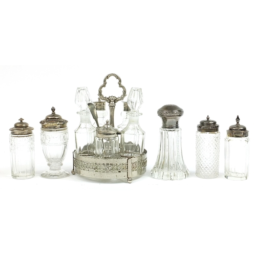 315 - Glass bottle cruets including four Georgian and later with silver lids and a set of five on stand, t... 