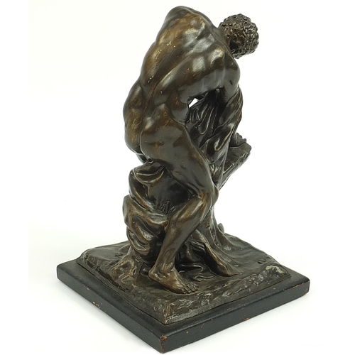 216 - After Edme Demont, patinated spelter figure titled the wrestler Milo of Crotan, 34cm high