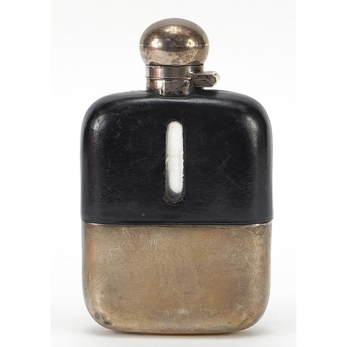 318 - James Dixon & Sons Ltd, George V silver, leather and glass hip flask with detachable cup, Sheffield ... 