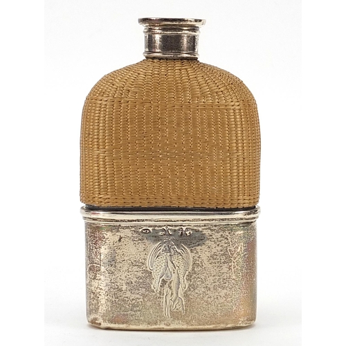 141 - William Neal, Victorian silver, wicker and glass hip flask, the detachable cup engraved with hunting... 