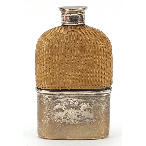 141 - William Neal, Victorian silver, wicker and glass hip flask, the detachable cup engraved with hunting... 