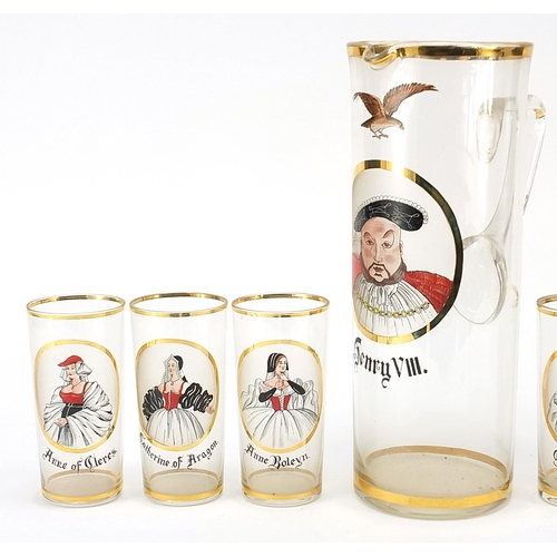 569 - Henry VIII and six wives design lemonade jug and six glasses, the largest 30.5cm high