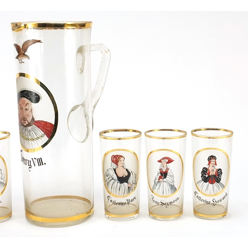 569 - Henry VIII and six wives design lemonade jug and six glasses, the largest 30.5cm high