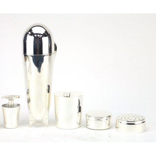 246 - Art Deco style silver plated cocktail shaker in the form of an aeroplane bomb, 24cm high