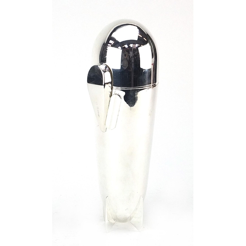 246 - Art Deco style silver plated cocktail shaker in the form of an aeroplane bomb, 24cm high