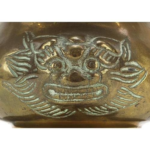 269 - Chinese bronze censer with lion mask handles on stand, 11.5cm high x 14cm wide