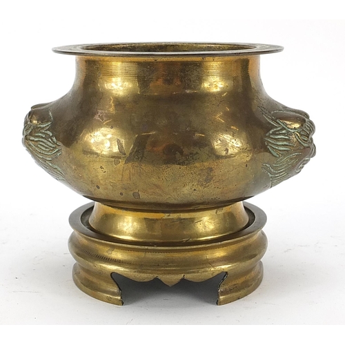 269 - Chinese bronze censer with lion mask handles on stand, 11.5cm high x 14cm wide