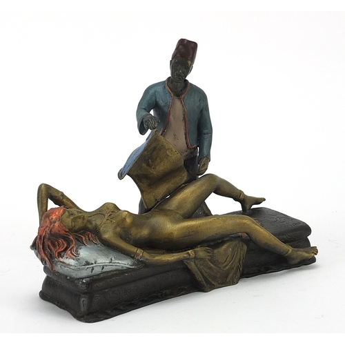 428 - Cold painted bronze figure of an Arab and nude female in the style of Franz Xaver Bergmann, 18cm in ... 