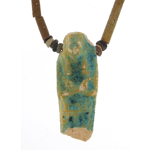 967 - Egyptian faience glazed bead necklace with scarab beetles and Ushabti pendant, 76cm in length