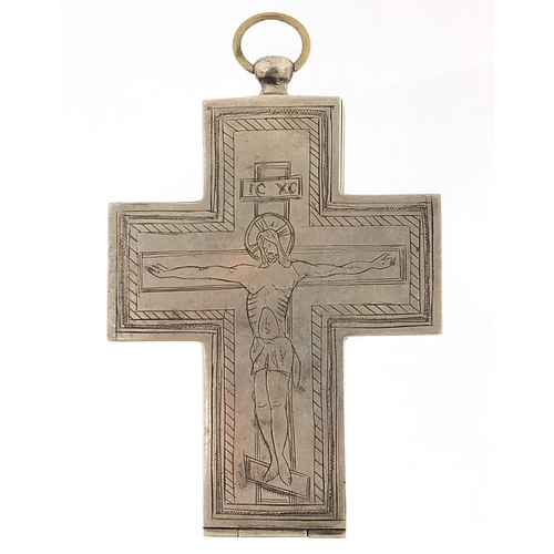 382 - Large silver crucifix pocket watch with enamelled dial, impressed Jewish marks to the interior, 9cm ... 