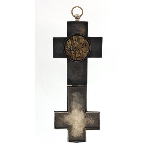 382 - Large silver crucifix pocket watch with enamelled dial, impressed Jewish marks to the interior, 9cm ... 