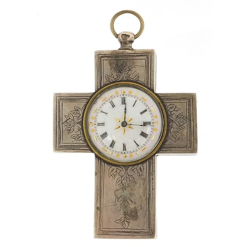 382 - Large silver crucifix pocket watch with enamelled dial, impressed Jewish marks to the interior, 9cm ... 