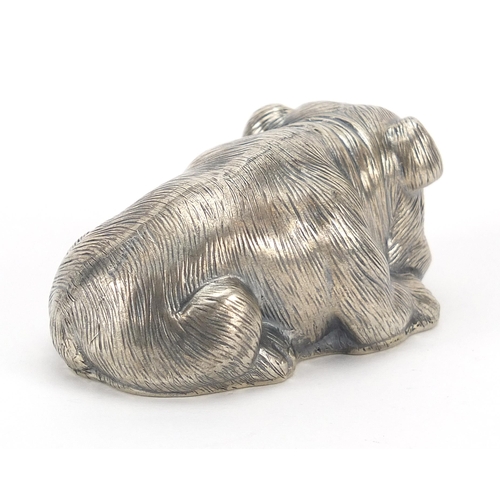 138 - Silver English Bulldog paperweight with ruby eyes, impressed Russian marks to the base, 6.5cm wide, ... 