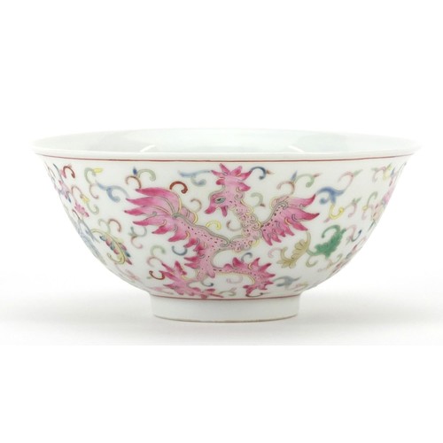 492 - Chinese porcelain bowl hand painted in the famille rose palette with phoenixes amongst flowers and s... 