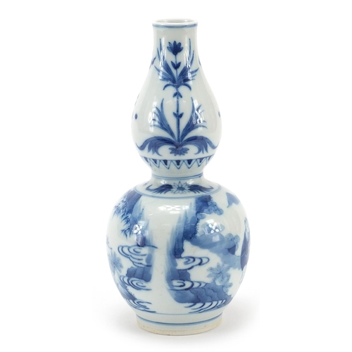 350 - Chinese blue and white porcelain double gourd vase hand painted with figures in a palace setting, si... 