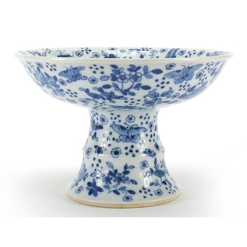 351 - Chinese blue and white porcelain stem dish hand painted with flowers, 14cm high x 21cm in diameter