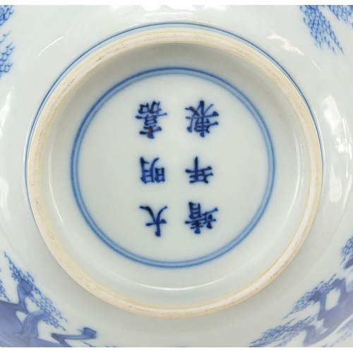 449 - Pair of Chinese blue and white porcelain bowls hand painted with horses, six figure character marks ... 