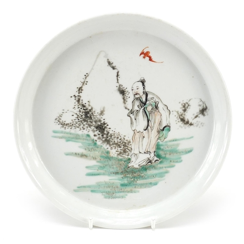 114 - Chinese porcelain dish hand painted with a monk in a landscape, six figure character marks to the re... 