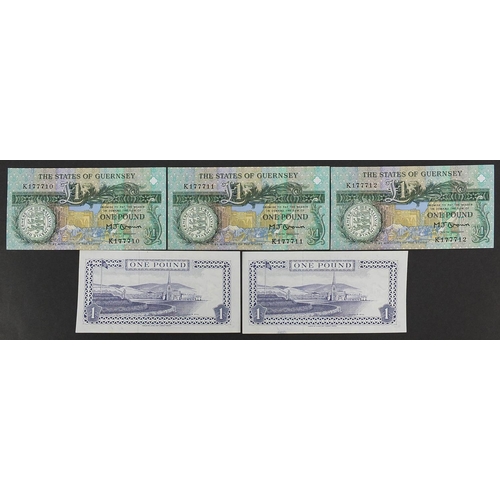 556 - Three States of Guernsey one pound bank notes and two Isle of Man Government one pound bank notes, a... 