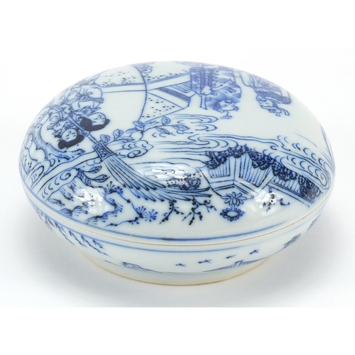 444 - Chinese blue and white porcelain box and cover hand painted with figures in a palace setting, six fi... 