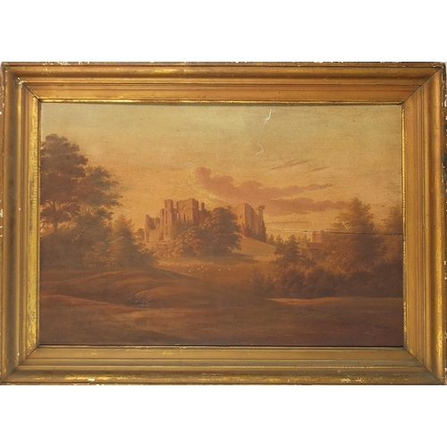 1046 - Pastoral landscape with castle ruins and sheep, 19th century oil on wood panel, mounted and framed, ... 