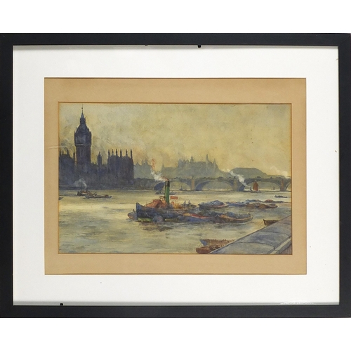 1008 - Boats on the River Thames, late 19th/early 20th century watercolour, mounted, framed and glazed, 35c... 