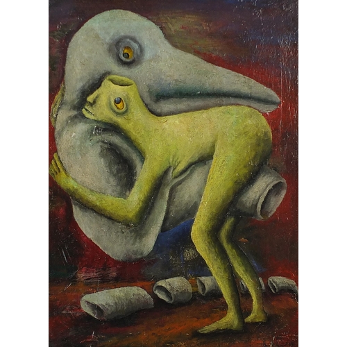 1018 - Manner of John Armstrong - Two surreal figures, oil on board, mounted and framed, 45.5cm x 33cm excl... 