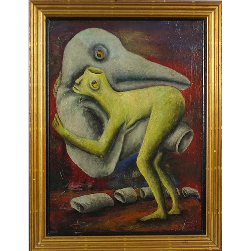 1018 - Manner of John Armstrong - Two surreal figures, oil on board, mounted and framed, 45.5cm x 33cm excl... 