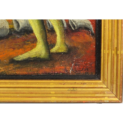 1018 - Manner of John Armstrong - Two surreal figures, oil on board, mounted and framed, 45.5cm x 33cm excl... 