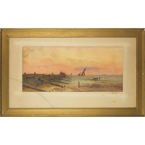1005 - Horace Chambers - Coastal scene with boats and figures, watercolour, mounted, framed and glazed, 56c... 