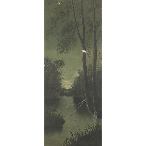 1032 - River landscape with trees, oil on board, mounted and framed, 60cm x 22cm excluding the mount and fr... 