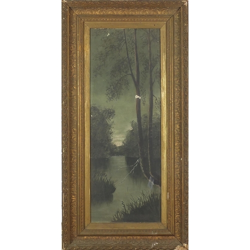 1032 - River landscape with trees, oil on board, mounted and framed, 60cm x 22cm excluding the mount and fr... 