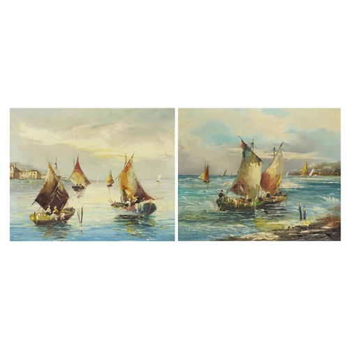 1016 - Coastal scenes with boats on water, pair of oil on canvasses, mounted and framed, each 60cm x 49.5cm... 