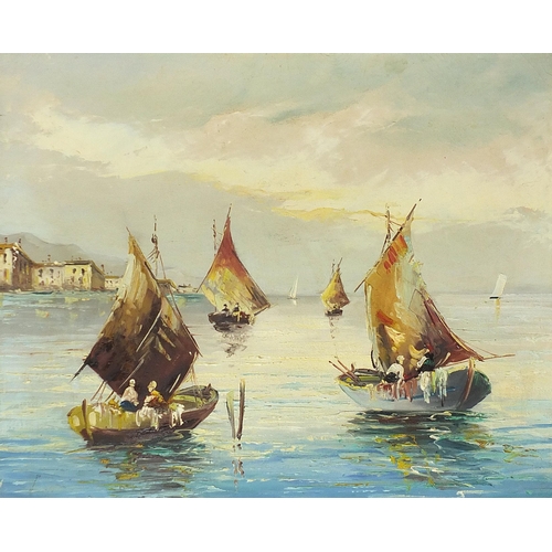 1016 - Coastal scenes with boats on water, pair of oil on canvasses, mounted and framed, each 60cm x 49.5cm... 